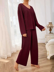 V-Neck Long Sleeve Top and Wide Leg Pants Set Trendsi