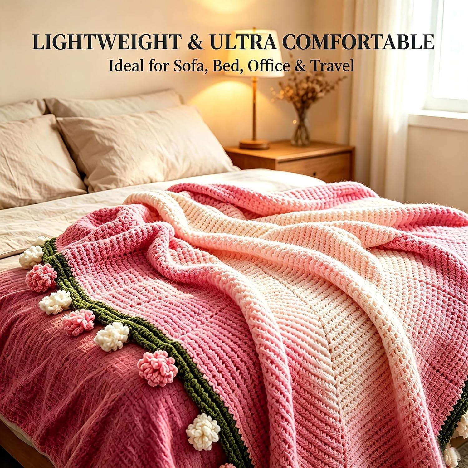 Premium Crochet Flower Bouquet Blanket Ombre Pink Birthday Gifts for Women