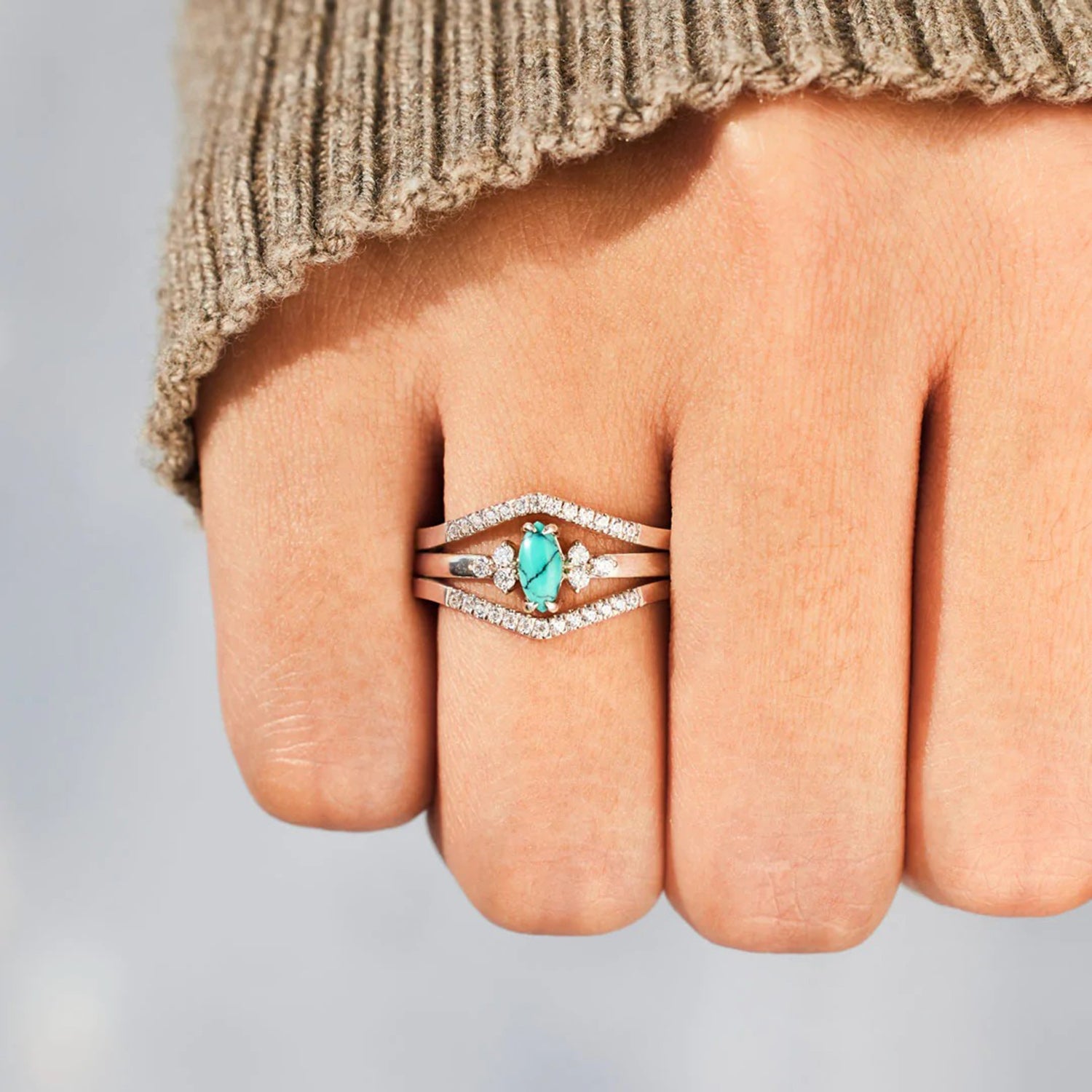 Artificial Turquoise V Shape Inlaid Zircon Ring Trendsi