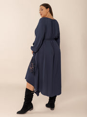 Plus Size Lace Detail Tie Neck Long Sleeve Midi Dress Trendsi