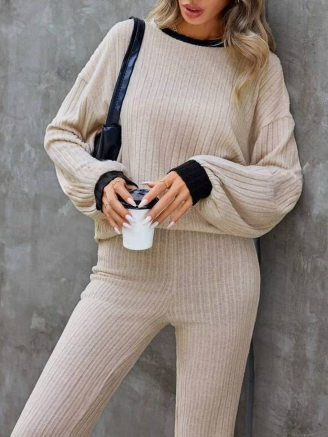 Contrast Round Neck Long Sleeve Top and Bootcut Pants Set Trendsi