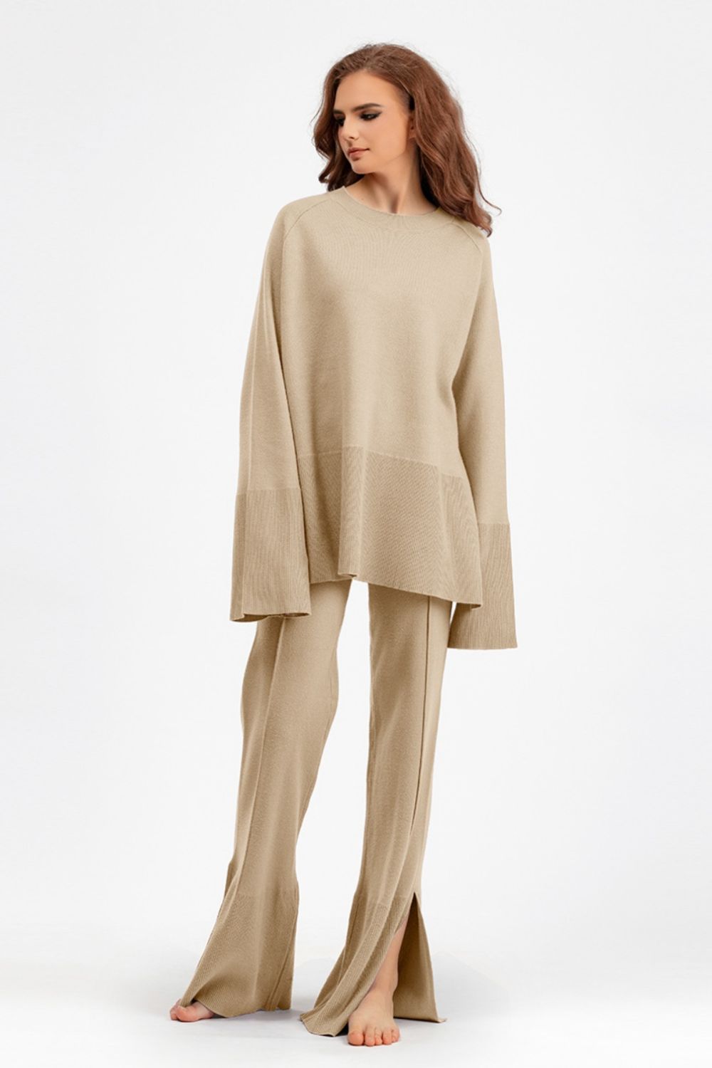 Basic Bae Slit Round Neck Long Sleeve Top and Drawstring Pants Sweater Set Trendsi