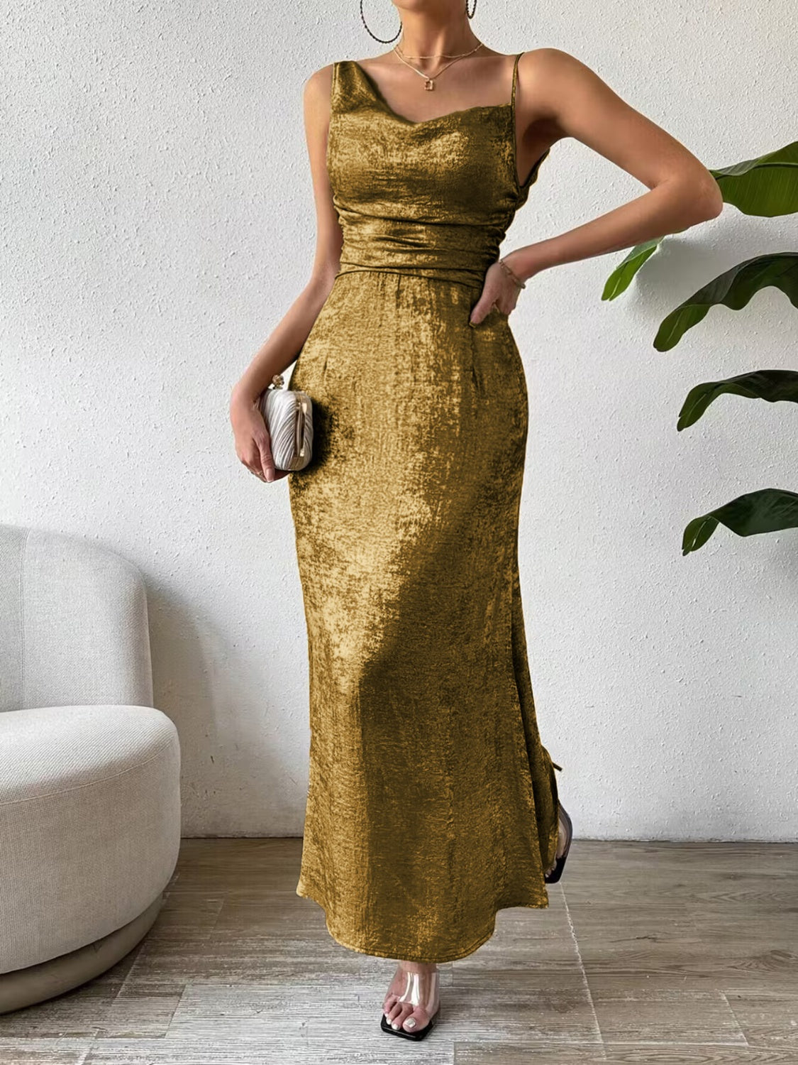 Honey Asymmetric Neck Sleeveless Midi Dress Trendsi