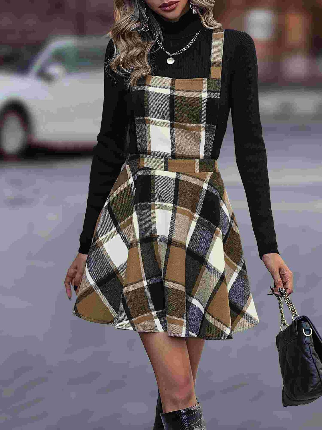 Crisscross Plaid Wide Strap Overall Dress Trendsi