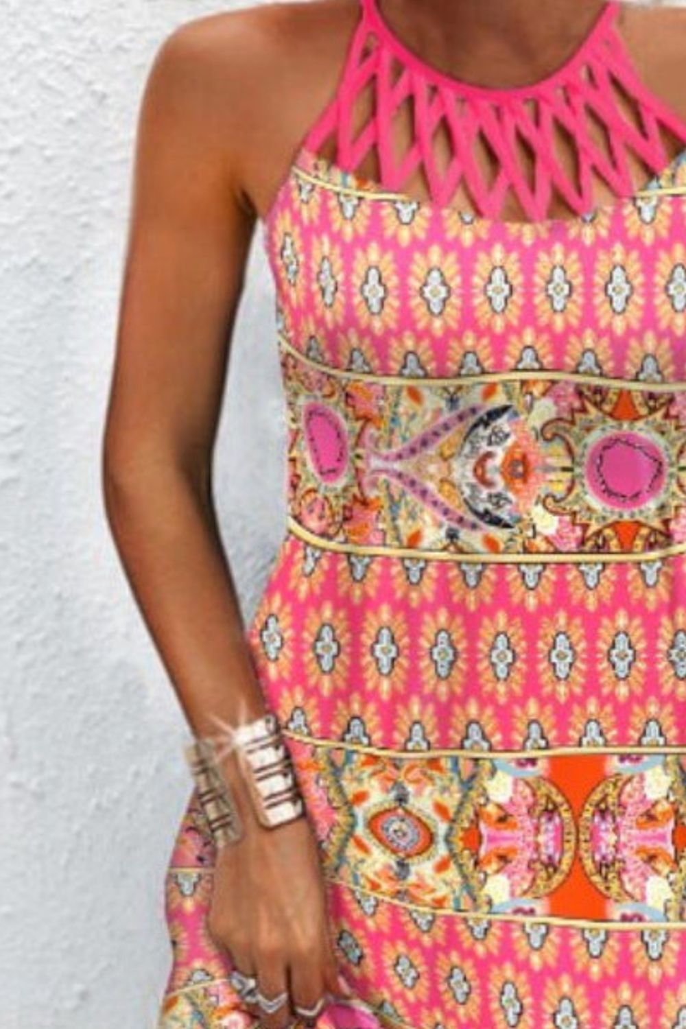 Printed Grecian Neck Mini Dress Trendsi