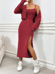 Ribbed Long Sleeve Cropped Cardigan and Slit Cami Dress Set Trendsi