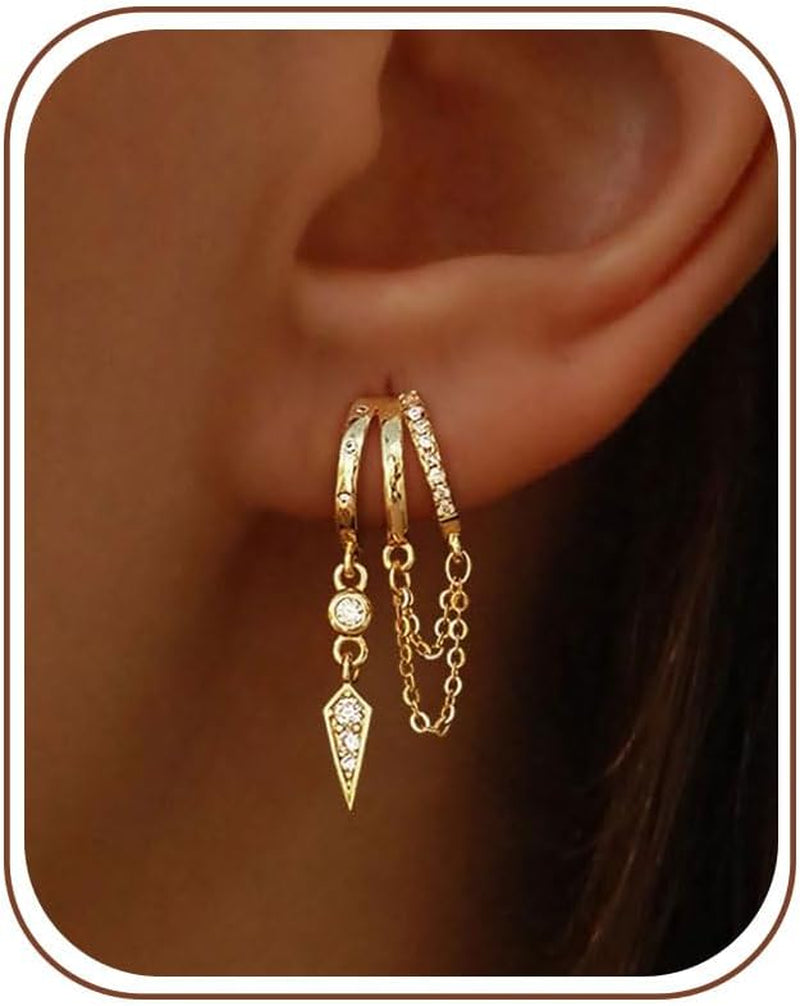 Dangle Earrings for Women,14K Gold Plated Triple Huggie Stud Earrings Cute Statement Chain Earring Dainty Drop Earrings for Women Trendy Gold Plated Jewelry