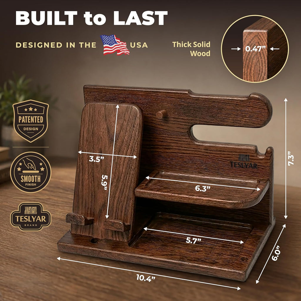 Wood Phone Docking Station for Men - Desk or Nightstand Organizer - Birthday Gifts for Husband, Dad - Anniversary Idea from Wife - Key Holder, Stand Wallet, Watch & Essentials (Bourbon Brown)