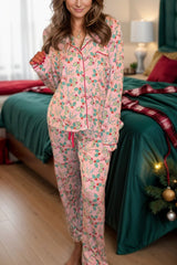 Printed Collared Neck Long Sleeve Top and Pants Lounge Set Trendsi