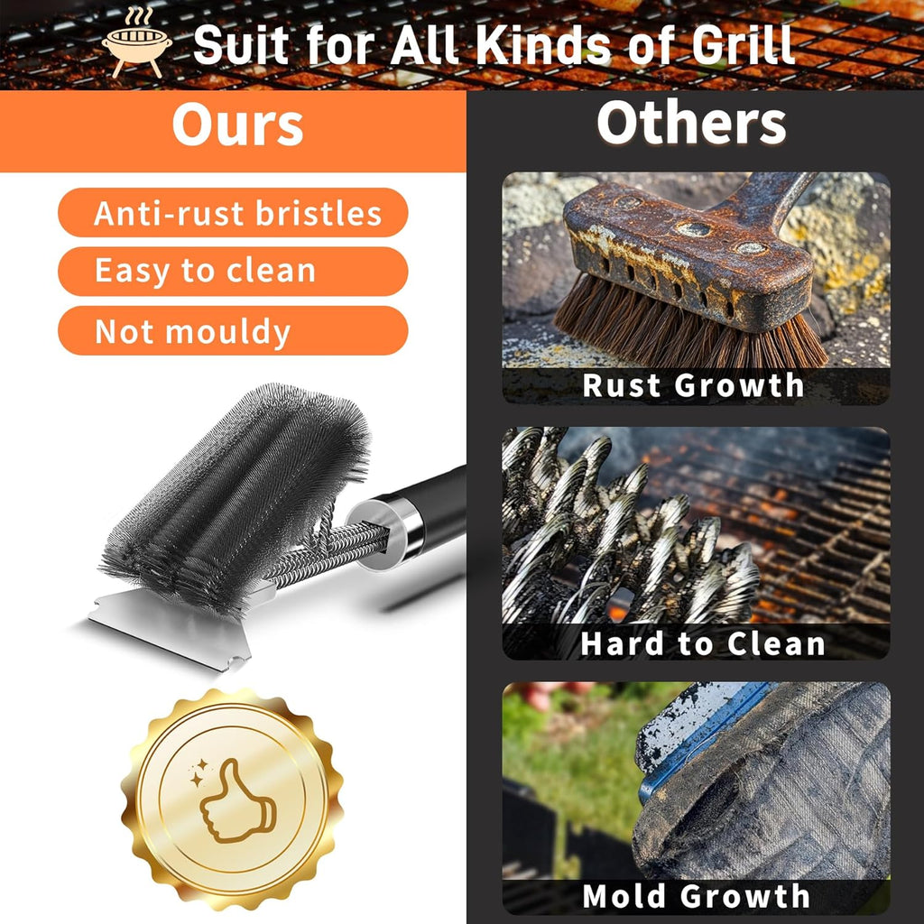 Grill Brush and Scraper-18 Adjustable Handle Safe BBQ Grill Brush for Outdoor Grill-Deep BBQ Clearning Brush Wih Bottle Operner Extra Strong Grill Cleaner Accessories for Gas/Charcoal Grilling Grates