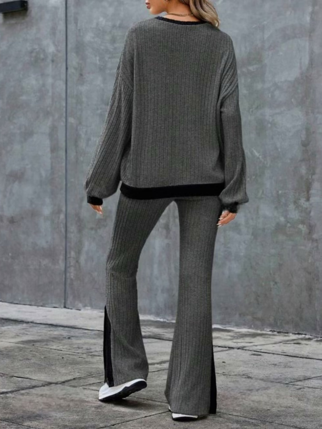 Contrast Round Neck Long Sleeve Top and Bootcut Pants Set Trendsi