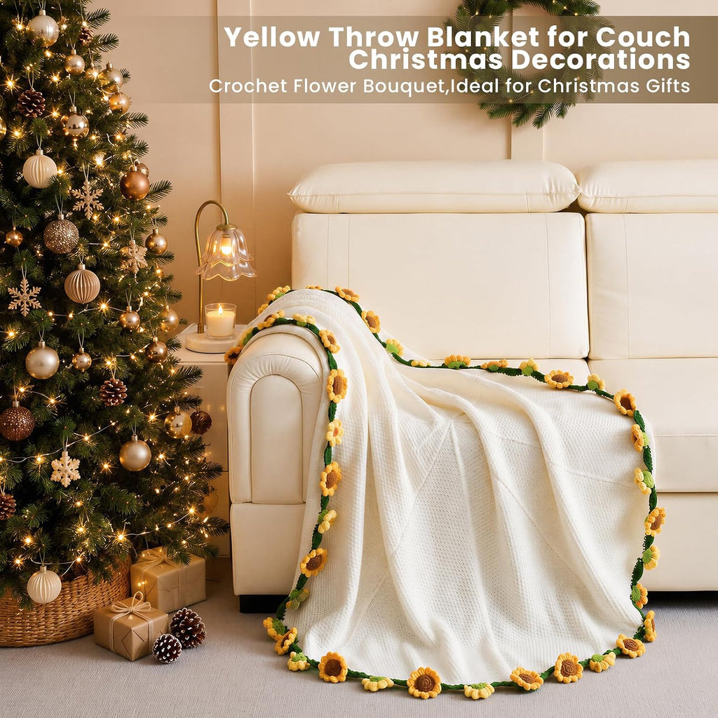 Crochet Flowers Rose Bouquet Blanket,Sunflower Gifts for Women,Cozy Yellow Throw Blanket for Couch,Birthday Gifts for Girlfriend Grandma Mom Teacher Sister Best Friend