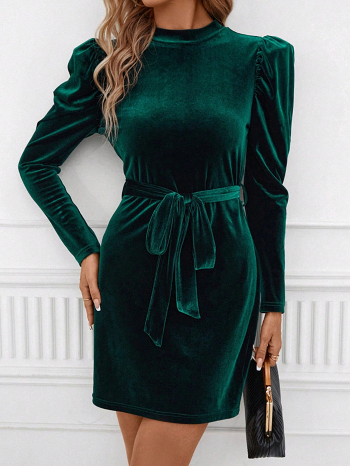 Mock Neck Tie Waist Puff Sleeve Mini Dress Trendsi