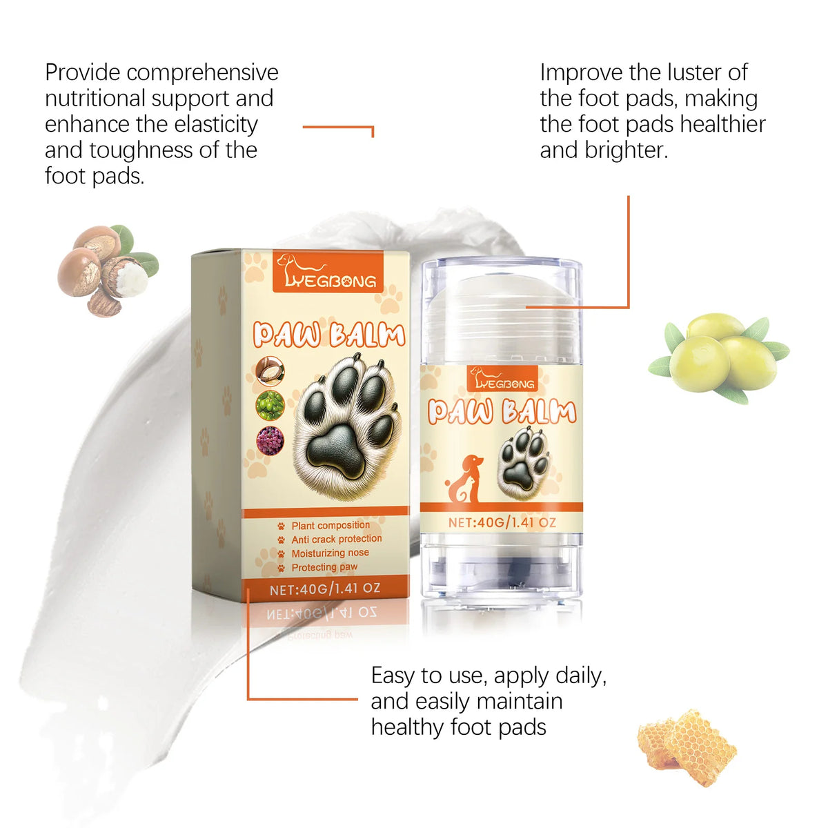 40G Pet Paw Balm Stick Plant Formula Deep Moisturizing Anti-chapping Protective Nourishing Paw Prevent Dryness Softening Pet Paw Cream for Cats & Dogs