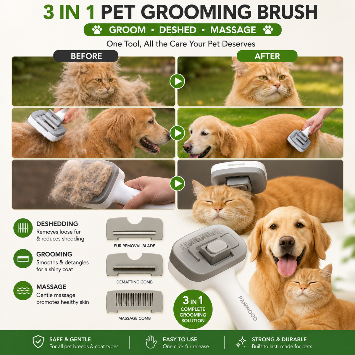 FurGlow™ 3-in-1 Self-Cleaning Pet Grooming Brush
