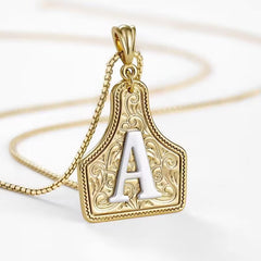 Rancher Initial Necklace | Engraved Metal Cattle Tag, Rustic Elegance