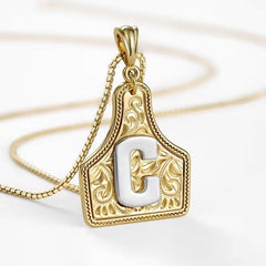Rancher Initial Necklace | Engraved Metal Cattle Tag, Rustic Elegance