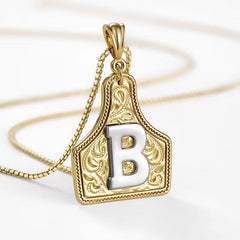 Rancher Initial Necklace | Engraved Metal Cattle Tag, Rustic Elegance