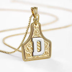 Rancher Initial Necklace | Engraved Metal Cattle Tag, Rustic Elegance