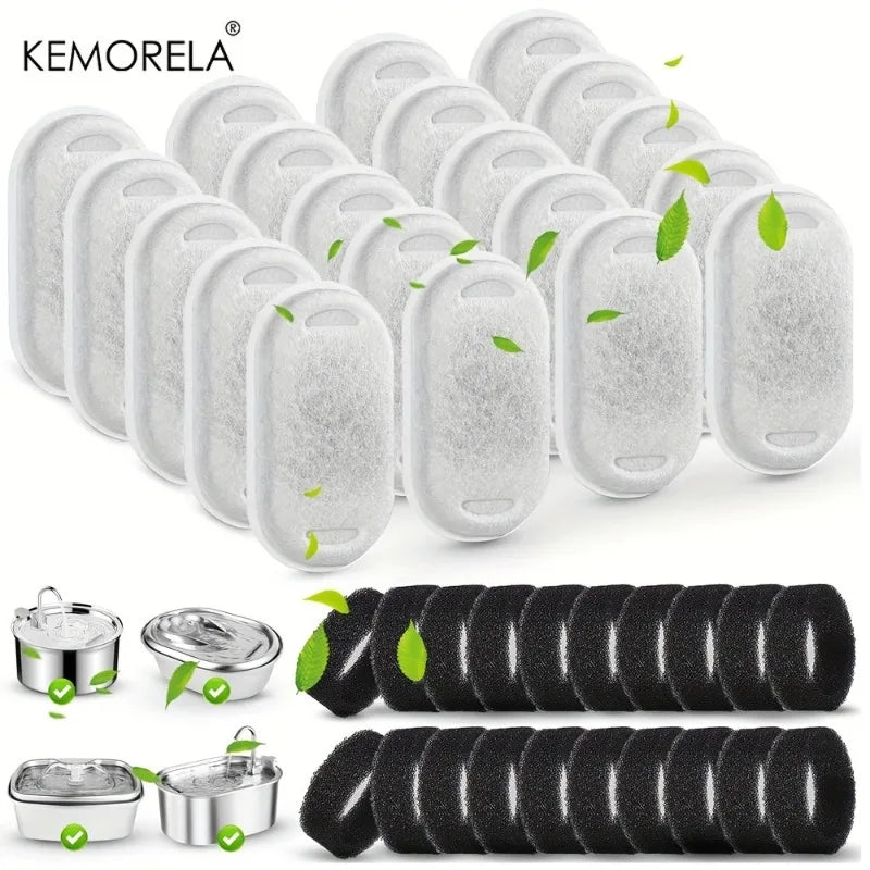 20PCS Cat Water Fountain Activated Carbon Dog Water Bowl Dispenser Replacement Filters with 20 Sponges for Home Pet Hydration