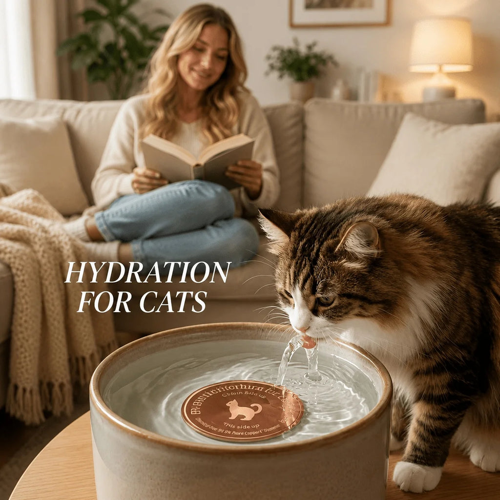Copper pet water dispenser with a three-point support design, made of 99.9% pure copper. Suitable for various pets such as dogs