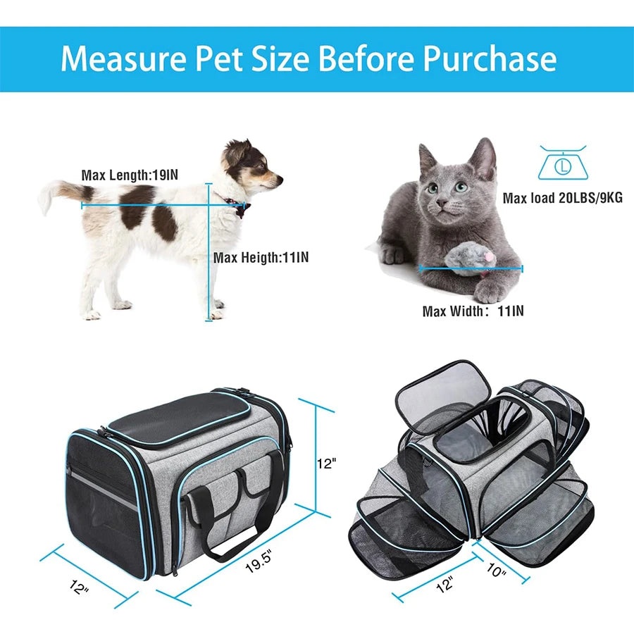 Airline-Approved Expandable Pet Carrier for Small Dogs & Cats – Soft-Sided Collapsible Travel Bag with 4-Way Access