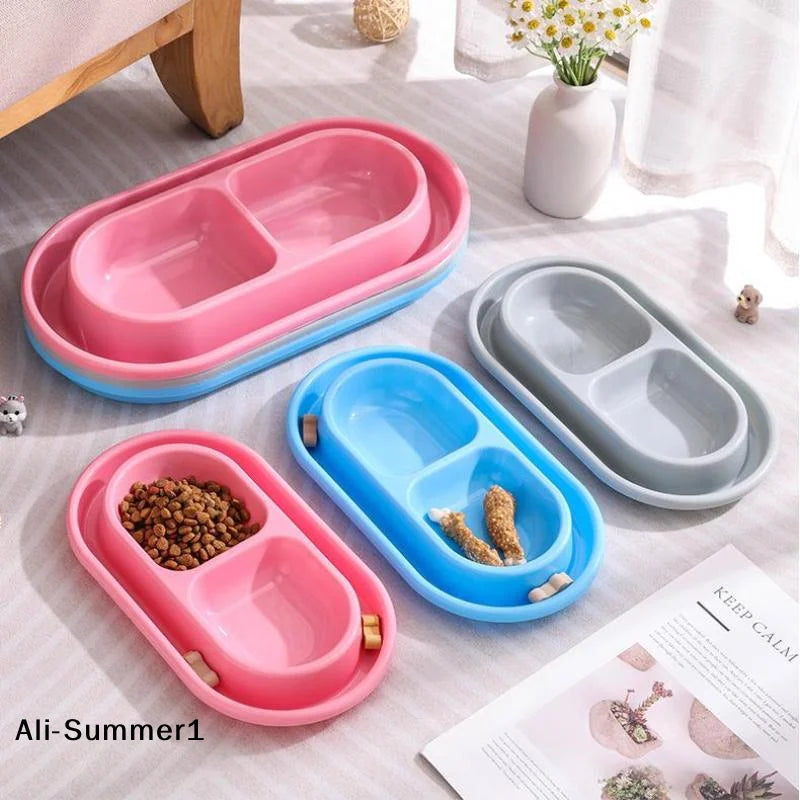 【E】Pet Feeding Double Bowls Plastic Anti Ants Food Water Feeder Dogs Cats Puppy Automatic Dog Feeder Dispenser Pet Supplies