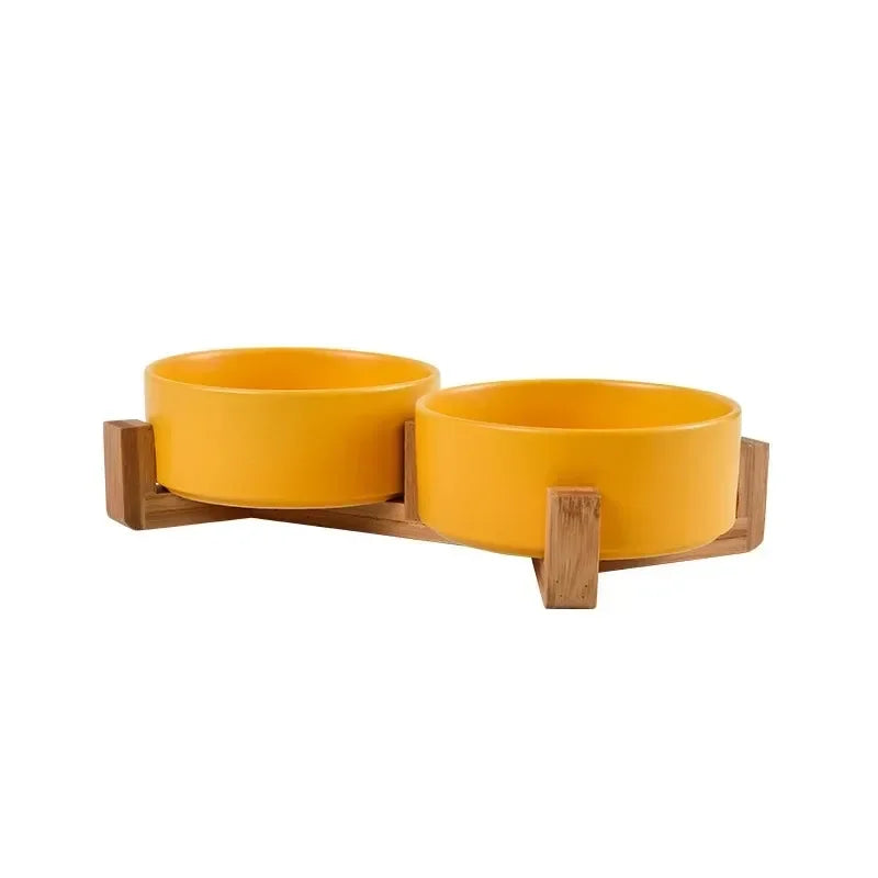 Ceramic Double Pet Bowl with Wood Stand for Cats & Small Dogs