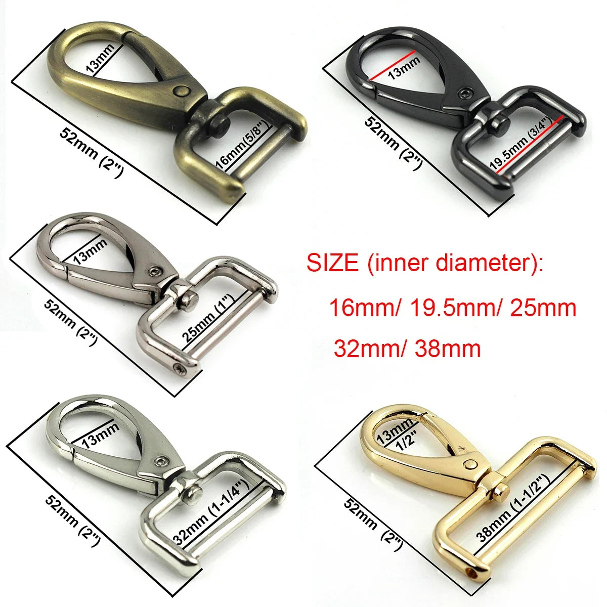 1piece Metal Detachable Snap Hook Trigger Clips Buckles for Leather Strap/ Belt Keychain Webbing Pet Leash Hooks 5 Sizes