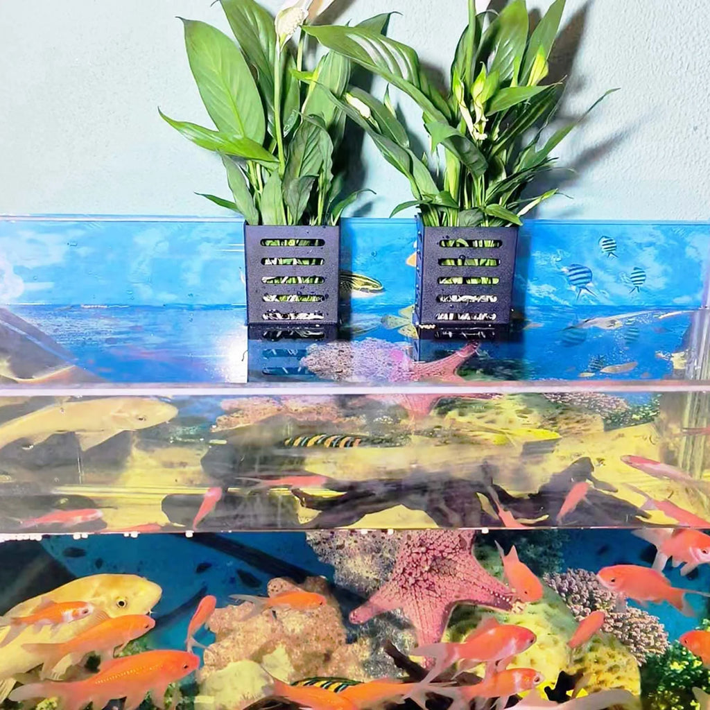 Pet Fish Tank Decorations Aquarium Plant Stand Adsorbable Hydroponic Plant Storage Plastic Aquarium Square Hollow Storage Basket