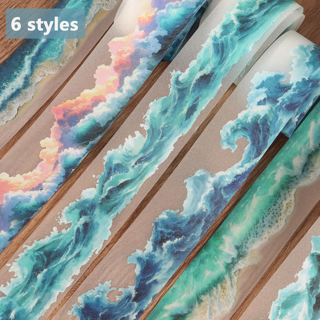 1roll PET Ocean Waves Self-adhesive Decorative Tape for Scrapbooking Supplies, Collage Decoration, Junk Journals, Clip Art