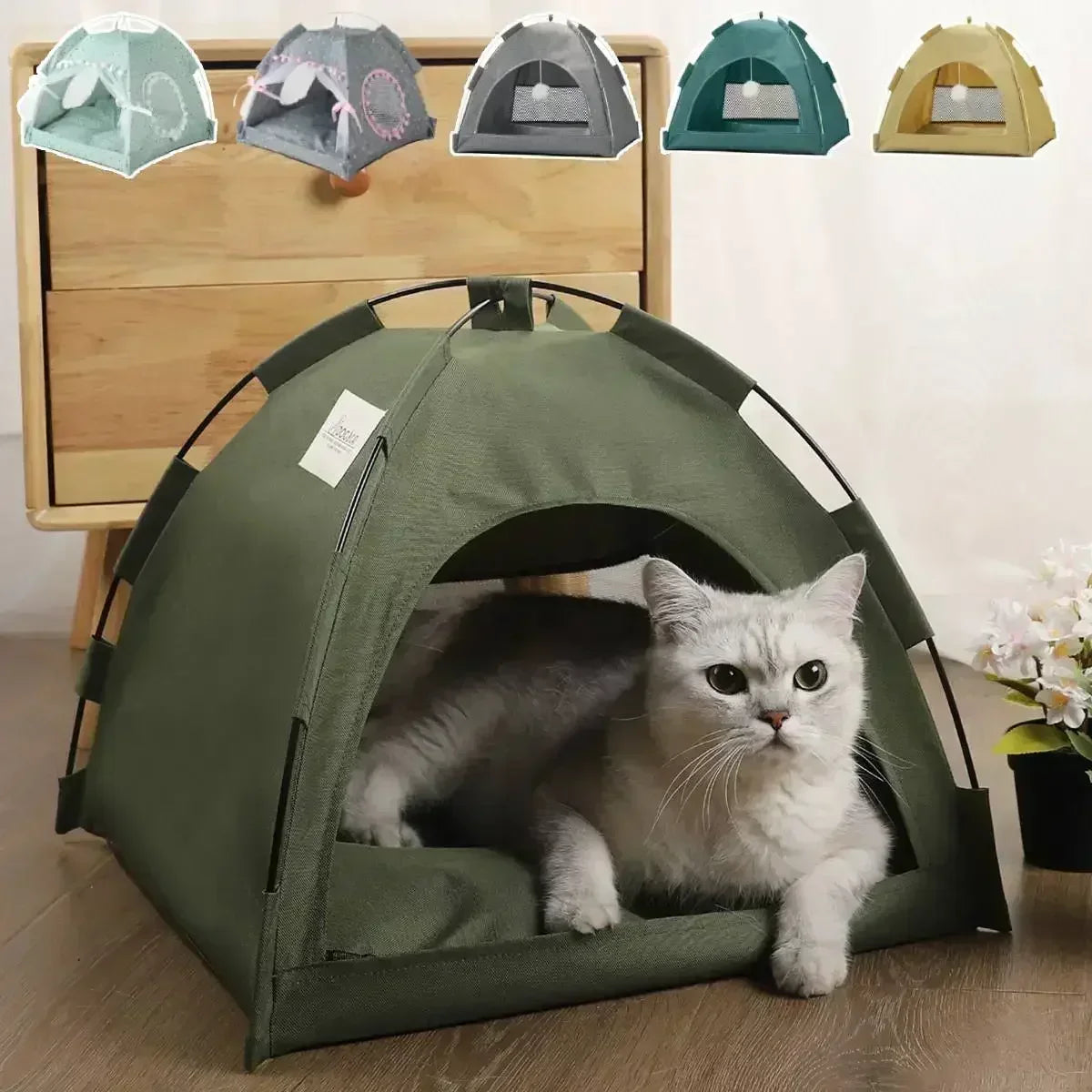 Semi-Enclosed Canvas Tent Bed for Cats & Small Dogs