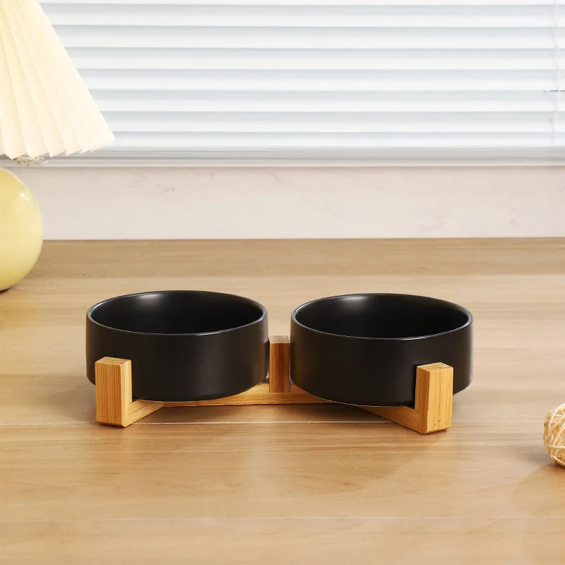 Ceramic Double Pet Bowl with Wood Stand for Cats & Small Dogs