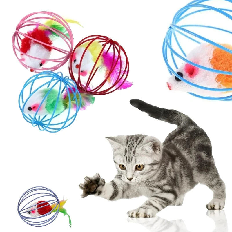 Interactive Cat Toy Mouse Ball Cage Random Color Plush Mouse  Kitten Play Toys for Indoor Kittens Exercise Pet Supplies