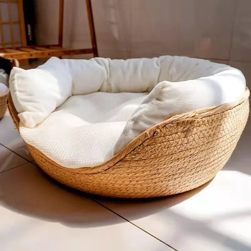 Woven Bamboo-Style Cat Basket Bed with Cushion & Pillow