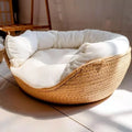 Woven Bamboo-Style Cat Basket Bed with Cushion & Pillow