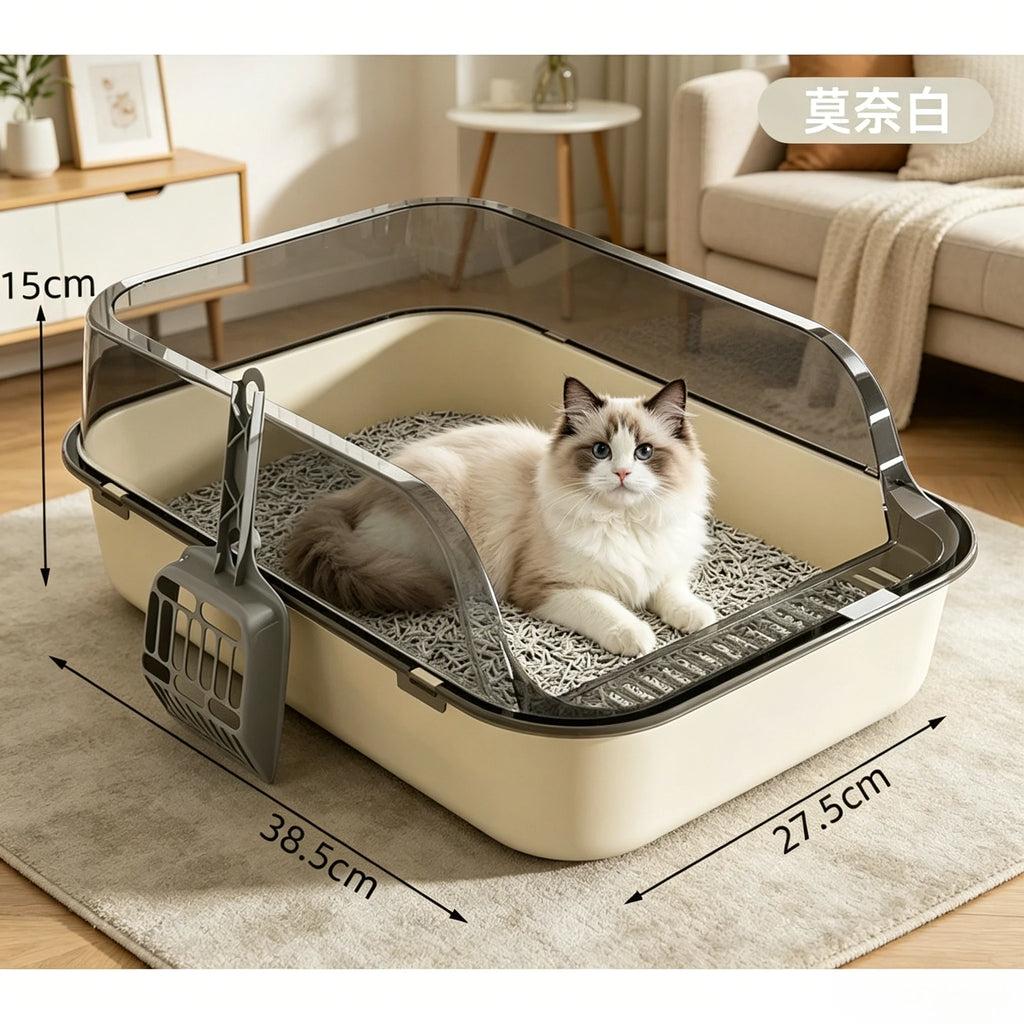 Semi-Enclosed Litter Box with Detachable Scoop, Off-White or Gray