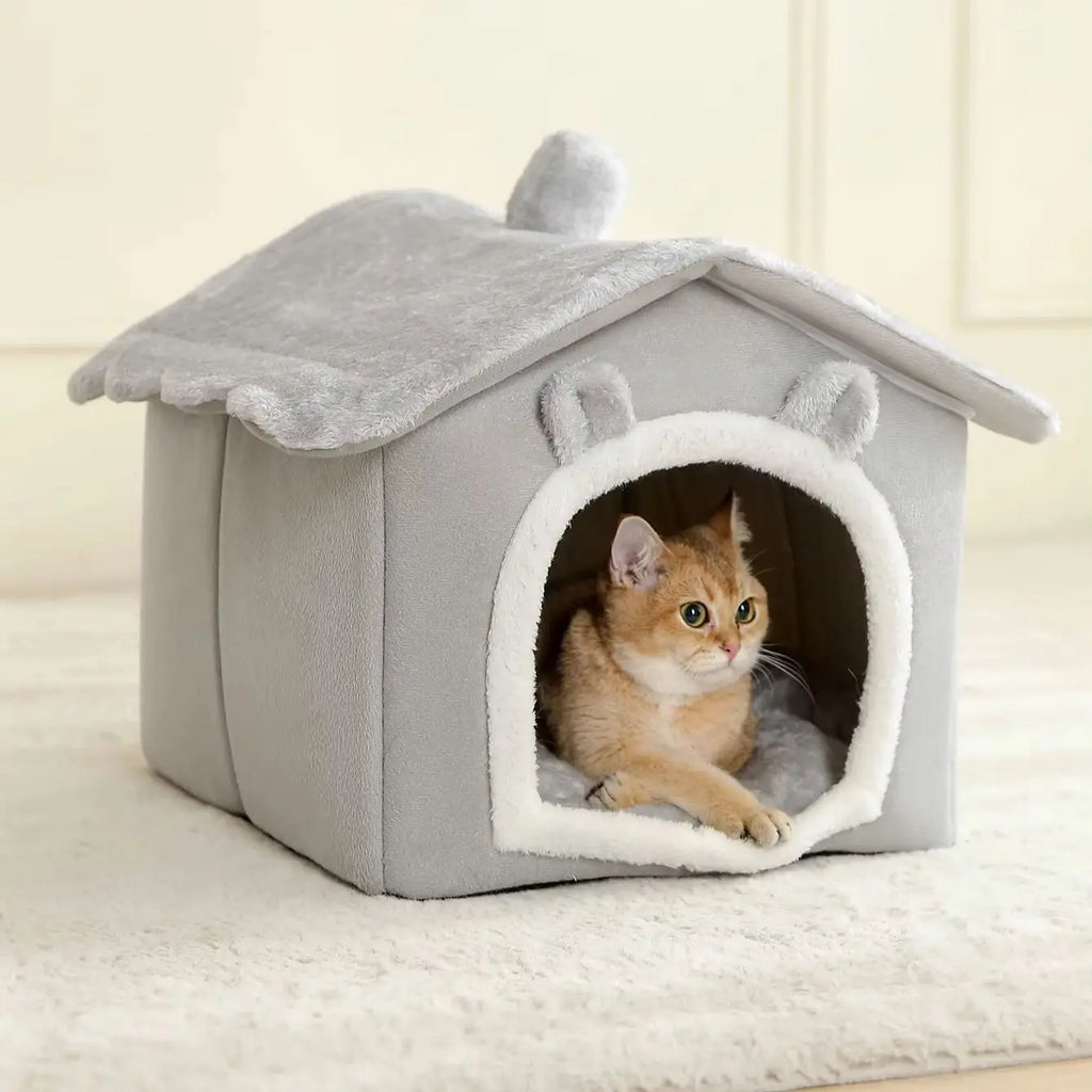 Plush Cat Ear Cave Bed with Pom Toy, S–L