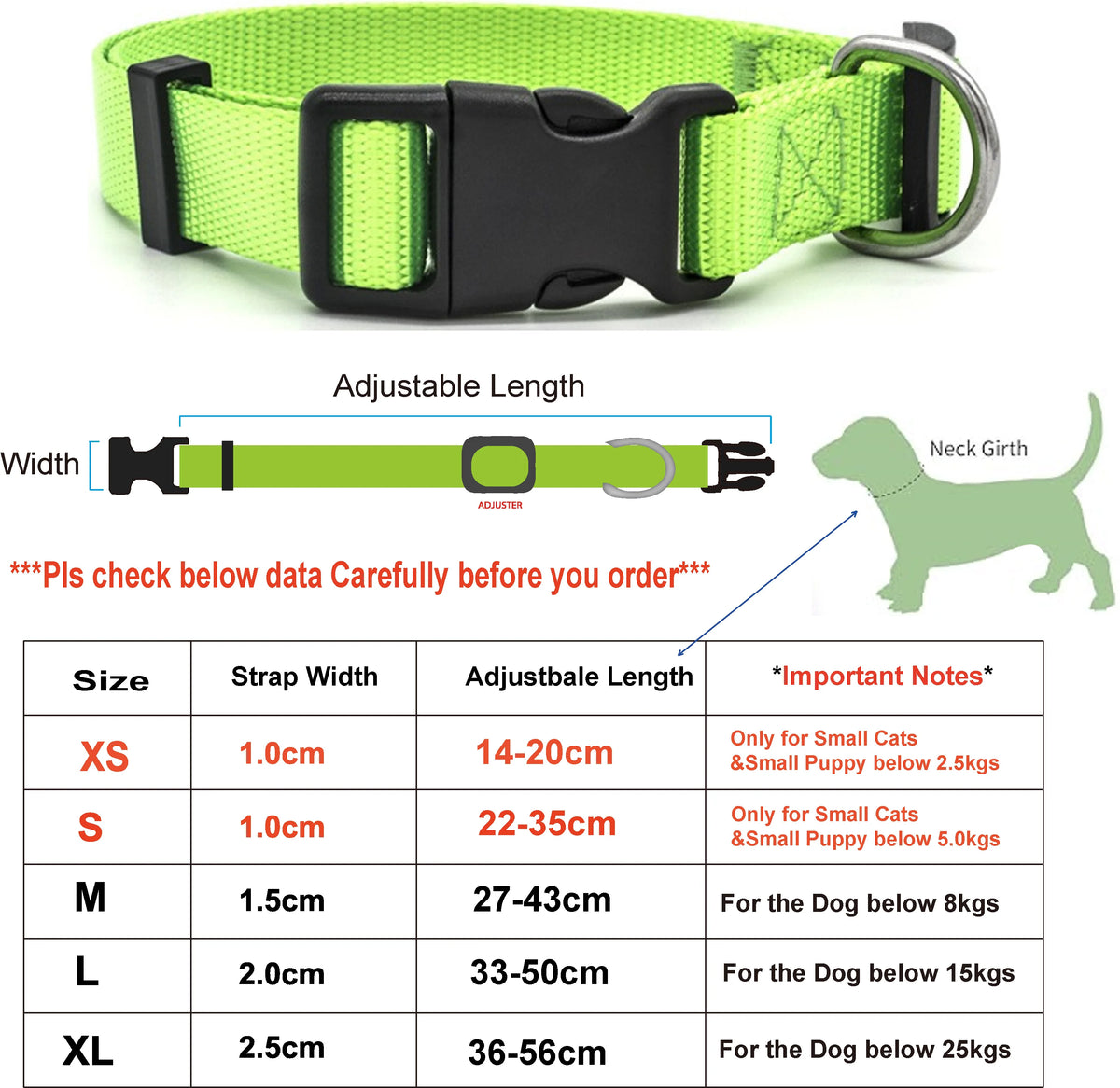 Adjustable Nylon Collar for Dogs and Cats, XS–XL