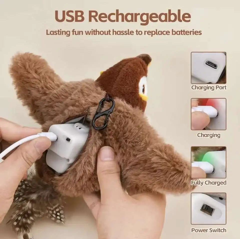 Flying Bird Cat Toy Interactive Cat Toys Rechargeable Chirping Flapping Bird(no Flying) Can Add Catnip Touch Activated Plush Toy