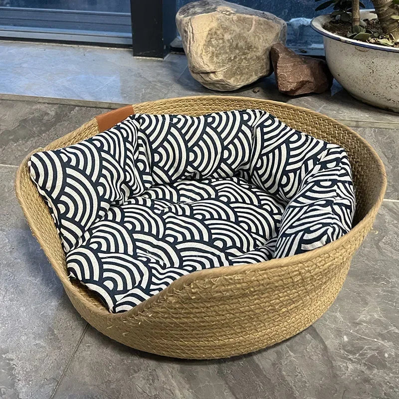 Woven Bamboo-Style Cat Basket Bed with Cushion & Pillow