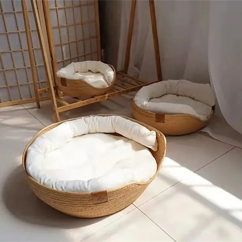 Woven Bamboo-Style Cat Basket Bed with Cushion & Pillow