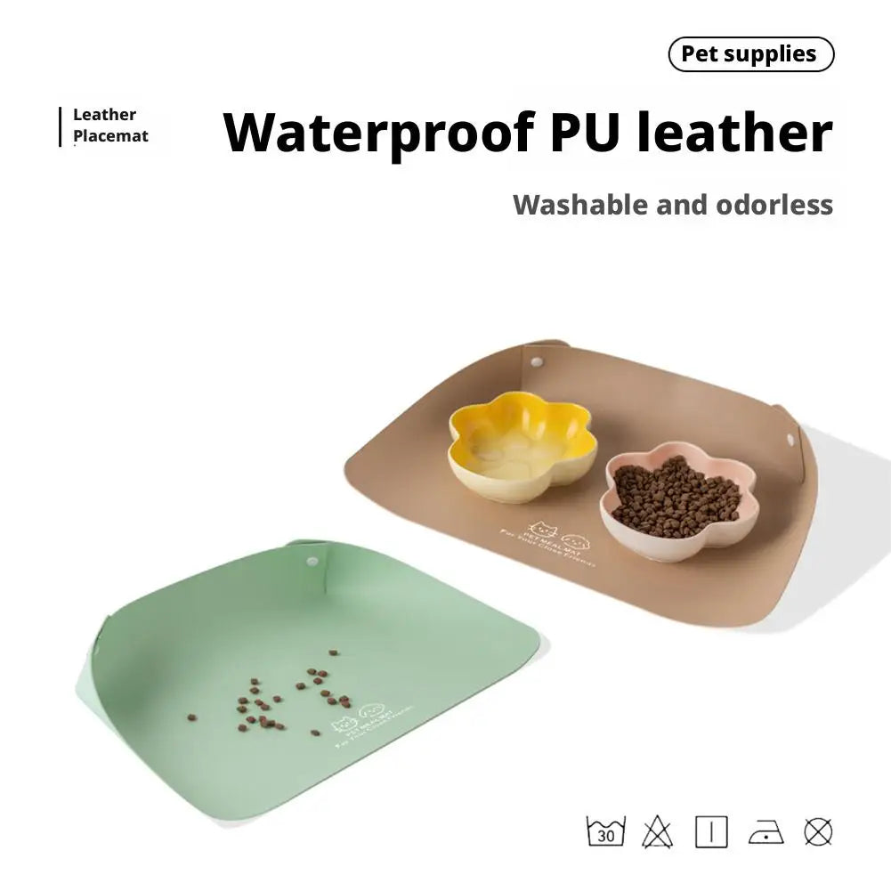 1PC Solid Color PU Leather Pet Feeding Mat Semi-enclosed Anti-spill Pet Placemat Waterproof Oilproof Pet Bowl Mat For Cat & Dog