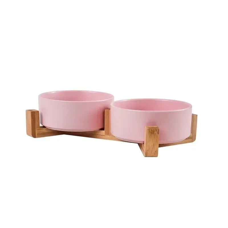 Ceramic Double Pet Bowl with Wood Stand for Cats & Small Dogs