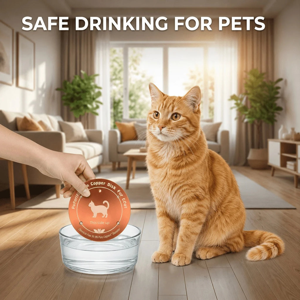 Copper pet water dispenser with a three-point support design, made of 99.9% pure copper. Suitable for various pets such as dogs
