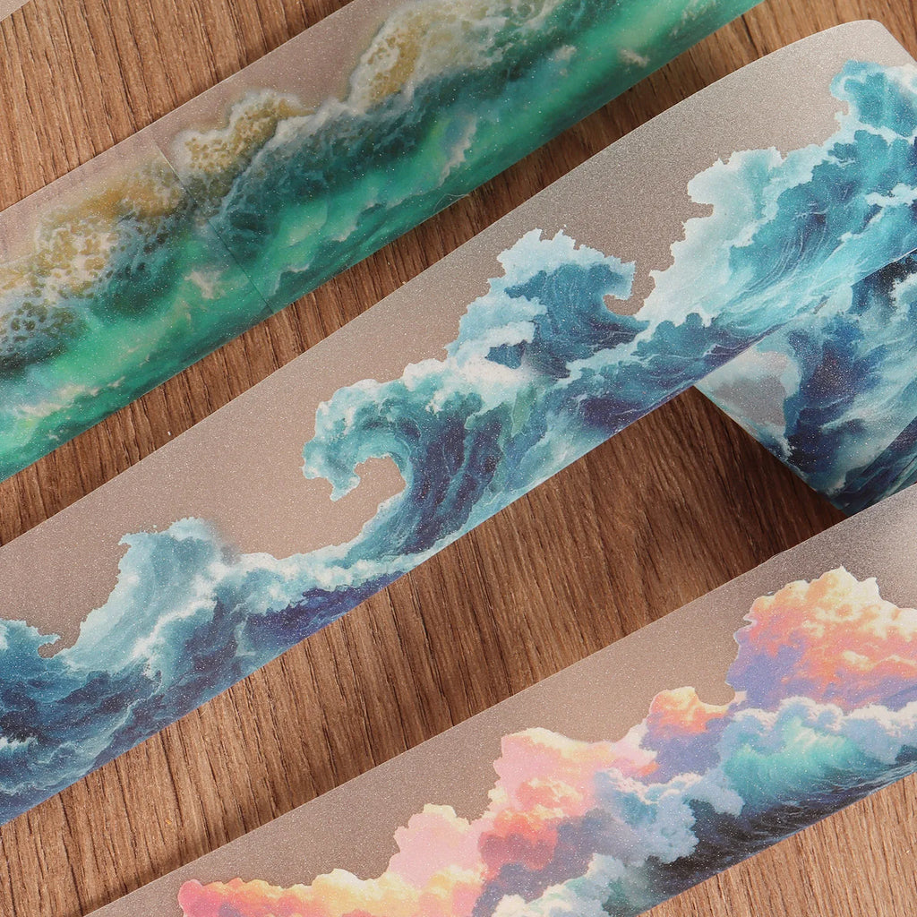 1roll PET Ocean Waves Self-adhesive Decorative Tape for Scrapbooking Supplies, Collage Decoration, Junk Journals, Clip Art
