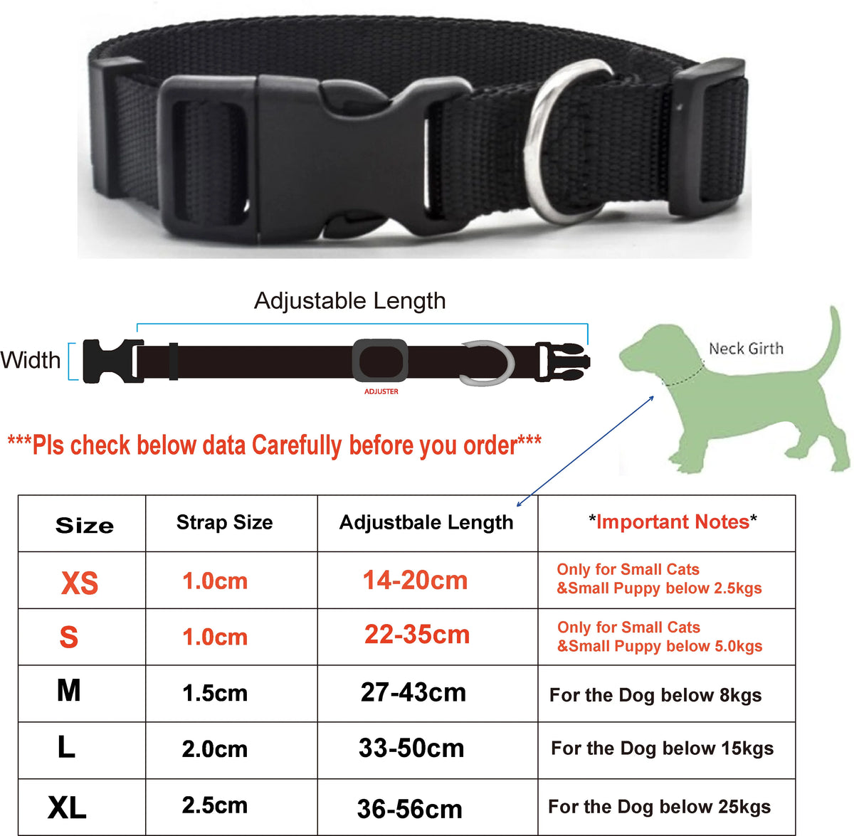 Adjustable Nylon Collar for Dogs and Cats, XS–XL