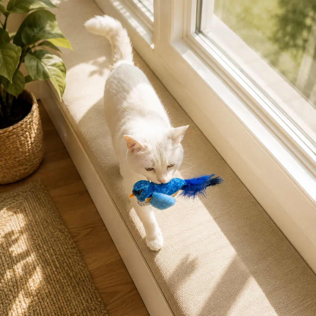 Chirping Bird Teaser Toy for Cats with Real Feathers Hanging Interactive Self Play Toy for Exercise Hunting and Stimulation