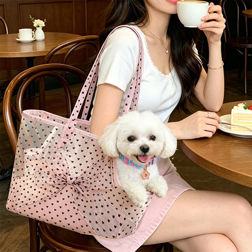 Cute 2Pcs Pet Combo Heart Mesh Dog Bag Floral Sakura Collar Outdoor Walking Kit for Small Dogs Cats