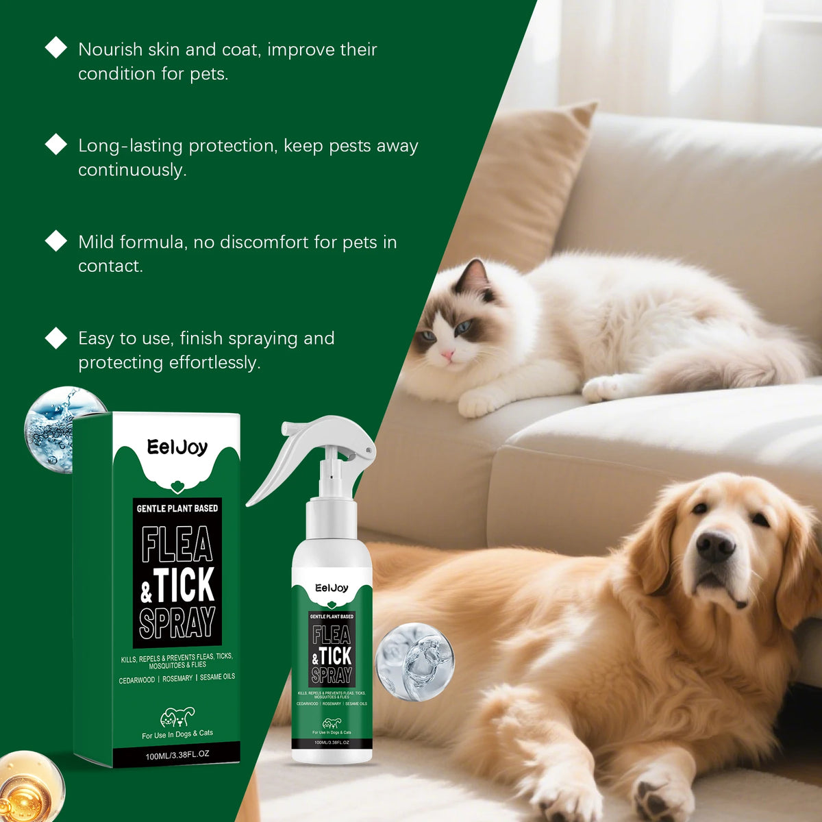 Pet Flea & Tick Spray Plant Extract Pet Repellent Spray for Cats and Dogs